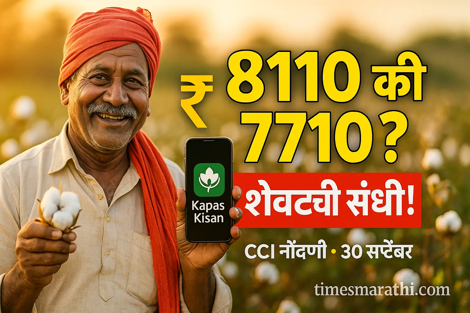 कापूस शेतकरी हातात कापूस धरलेला; मराठी मजकूर “8110 की 7710? CCI नोंदणी 30 सप्टेंबरपूर्वी” आणि वॉटरमार्क “timesmarathi.com” असलेला क्लिकवर्दी थंबनेल