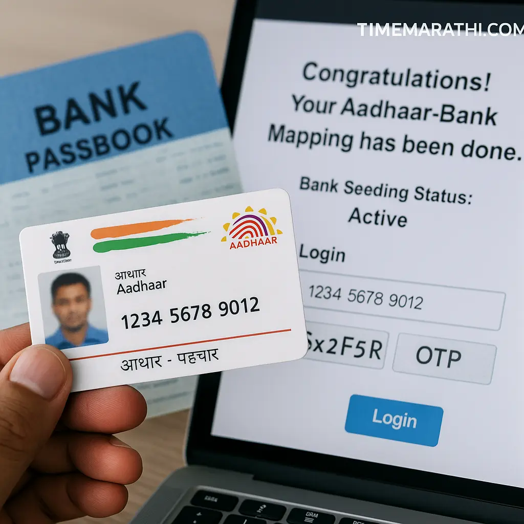 Hand holding Aadhaar card in front of a laptop screen showing Aadhaar–Bank Mapping confirmation and a bank passbook, with TIMEMARATHI.COM watermark in the top-right corner.