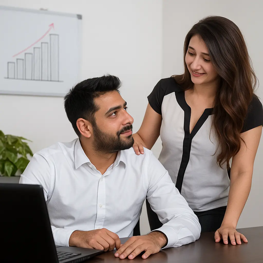 ऑफिसमध्ये बसलेल्या पुरुष आणि महिलेमधील जवळीक दाखवणारा हायपर रिअलिस्टिक फोटो, भारत ऑफिस अफेअर्समध्ये दुसऱ्या क्रमांकावर असल्याची माहिती दर्शवणारे मराठी शीर्षक