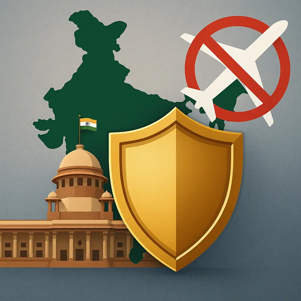 भारताची संसद, सुरक्षा ढाल आणि नकाशा दर्शवणारी प्रतिमा – अमित शाह परदेश दौरे का टाळतात याचे प्रतीकात्मक चित्र