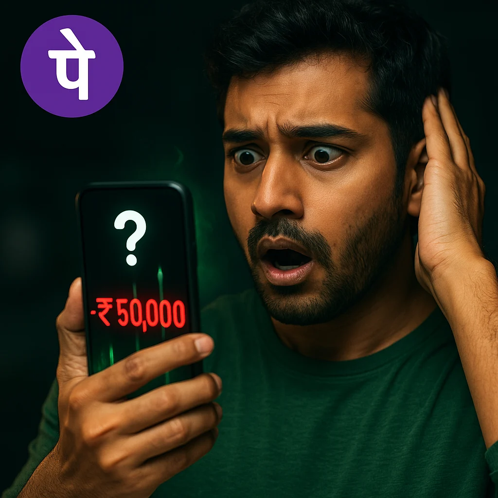 A worried young Indian man looking at his smartphone with a PhonePe-style interface glowing in the background, representing digital payment risks.