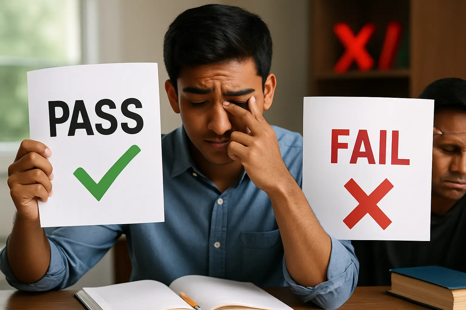 Student holding pass and fail signs representing SSC and HSC board exam changes