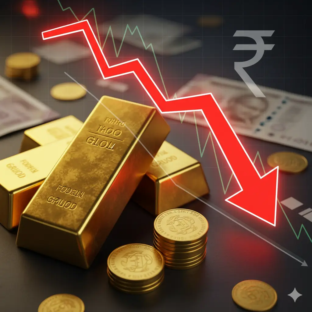 आजच्या सोन्याच्या दरातील घसरण दर्शवणारा सोने बार आणि खाली जाणारा आलेख असलेला थंबनेल.