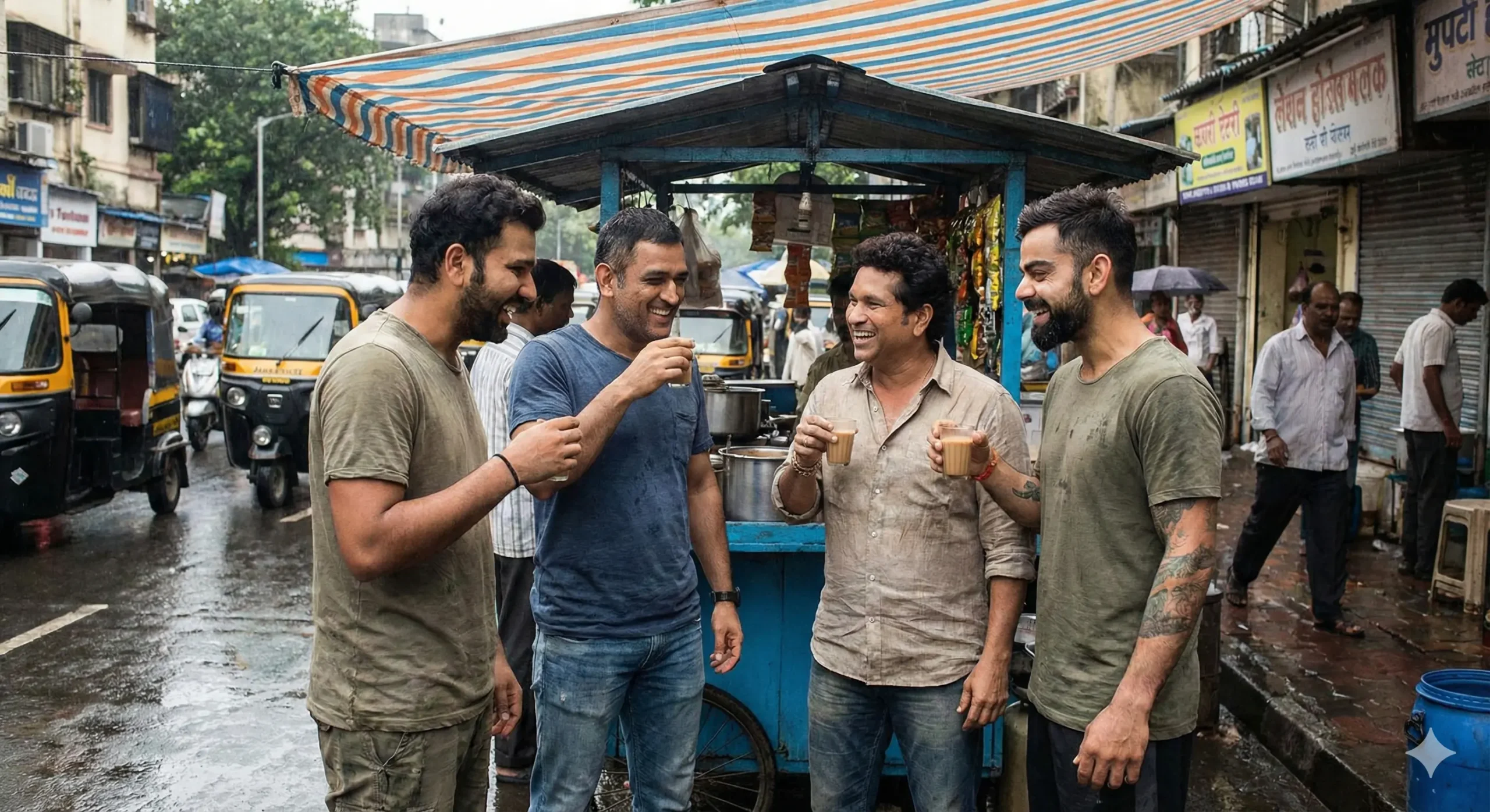 सचिन तेंडुलकर, एम.एस. धोनी, विराट कोहली आणि रोहित शर्मा मुंबईच्या पावसात एका टपरीवर चहा पिताना आणि हसतानाचा AI निर्मित व्हायरल फोटो.