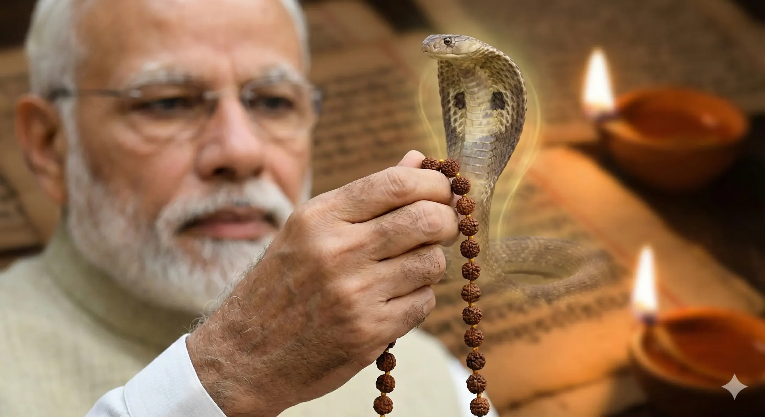 पंतप्रधान नरेंद्र मोदी यांच्या हातातील रुद्राक्ष माळेवर फणा काढलेला दिव्य नाग दिसत आहे. पार्श्वभूमीवर प्राचीन उपनिषदांचे ग्रंथ आणि तेवणारे दिवे आहेत. हे छायाचित्र 'नागहस्त कंपन' आणि कुंडलिनी जागृती या अध्यात्मिक व्हायरल दाव्याचे प्रतिनिधित्व करते.