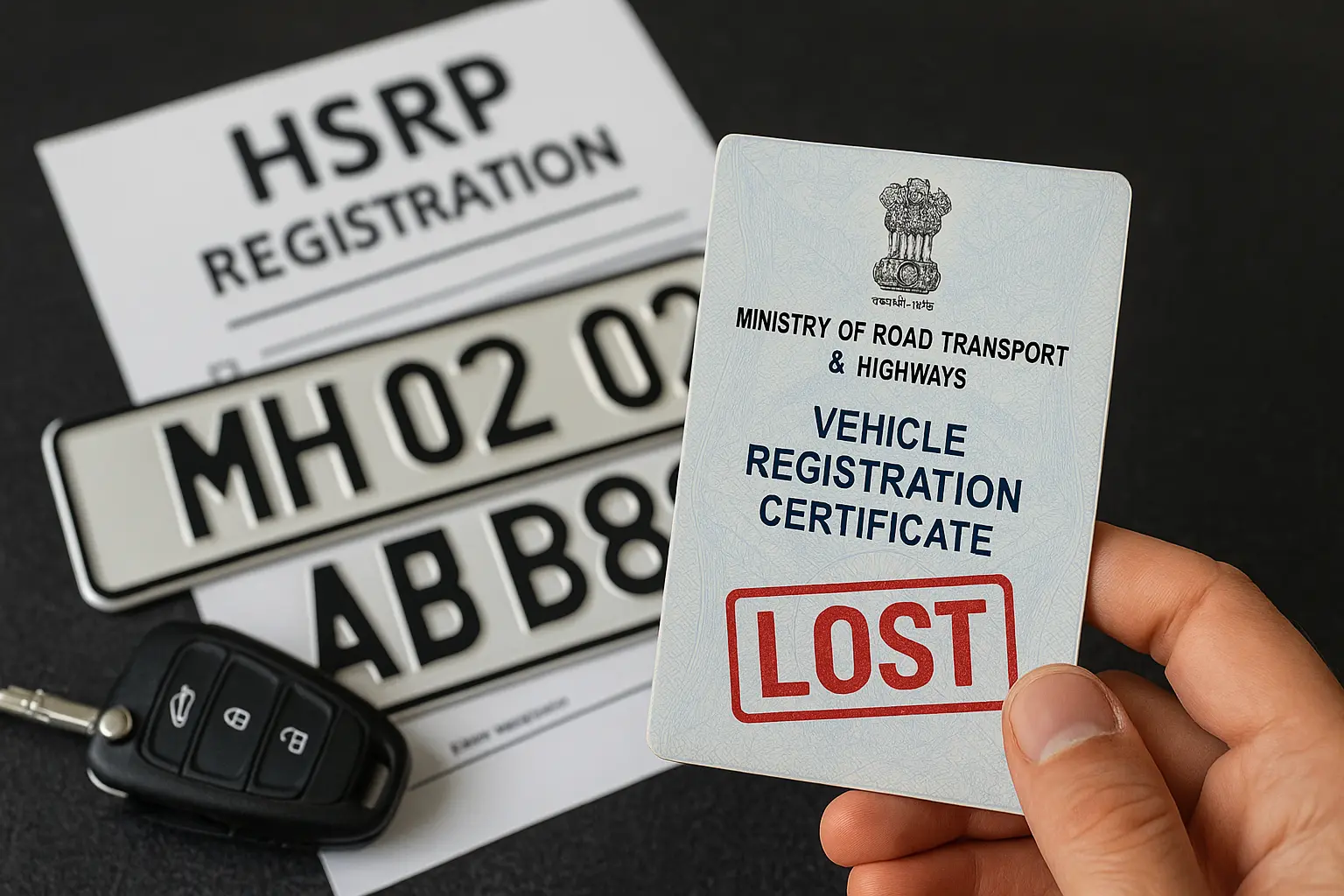 HSRP नोंदणीसाठी आवश्यक असलेली वाहन RC माहिती दर्शवणारे कागदपत्र आणि नंबर प्लेटचे संकल्पचित्र