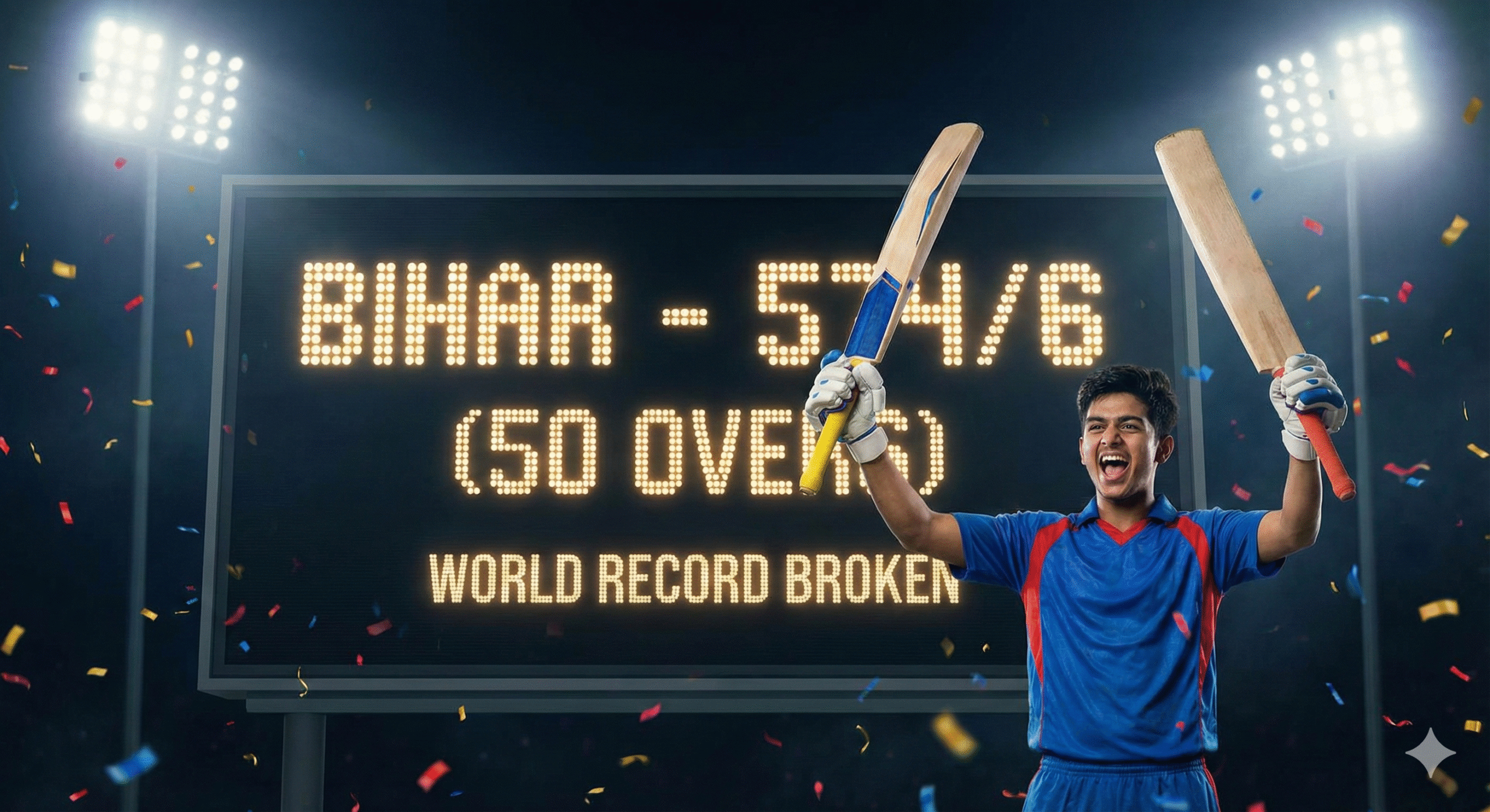 Young cricketer celebrating a century with bat raised, standing in front of a stadium scoreboard displaying 'Bihar 574/6' and 'World Record Broken' in a 50-over match.