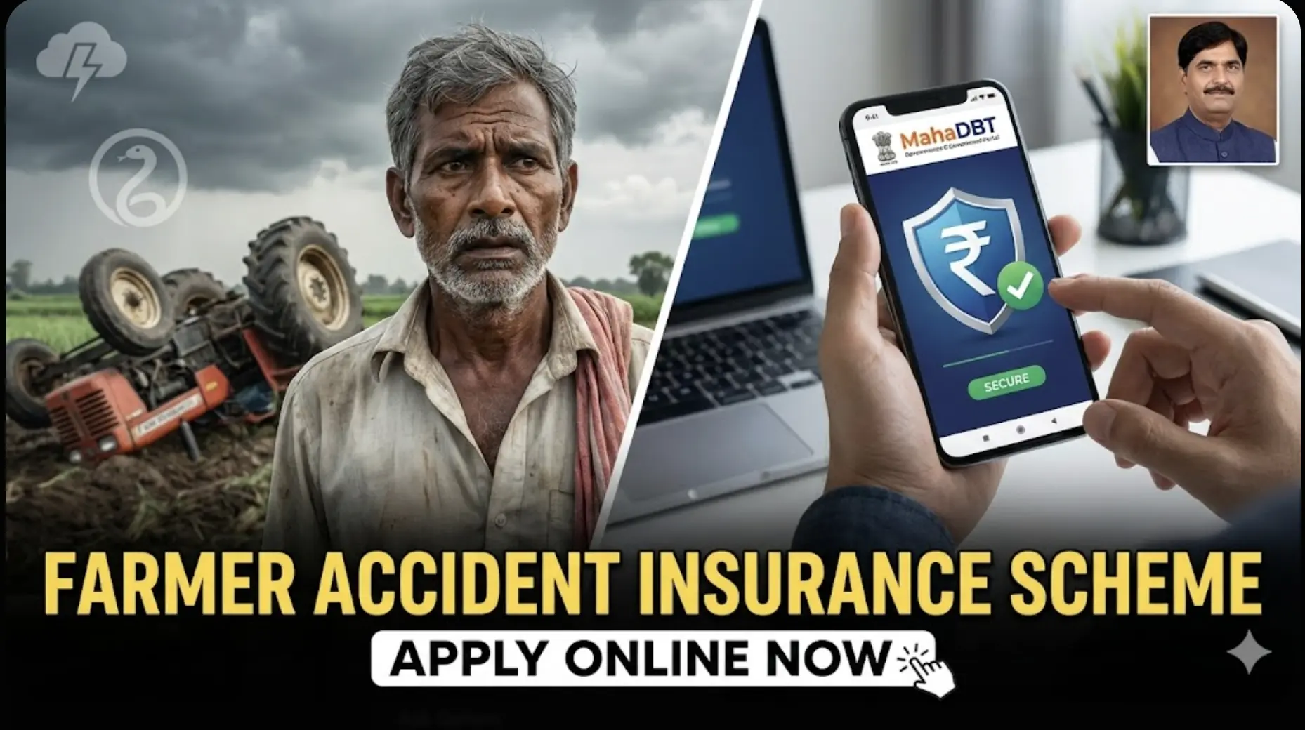 ouTube thumbnail for Gopinath Munde Shetkari Apghat Sanugrah Yojana showing a distressed Indian farmer and a smartphone displaying the MahaDBT online application portal for accident insurance claims.