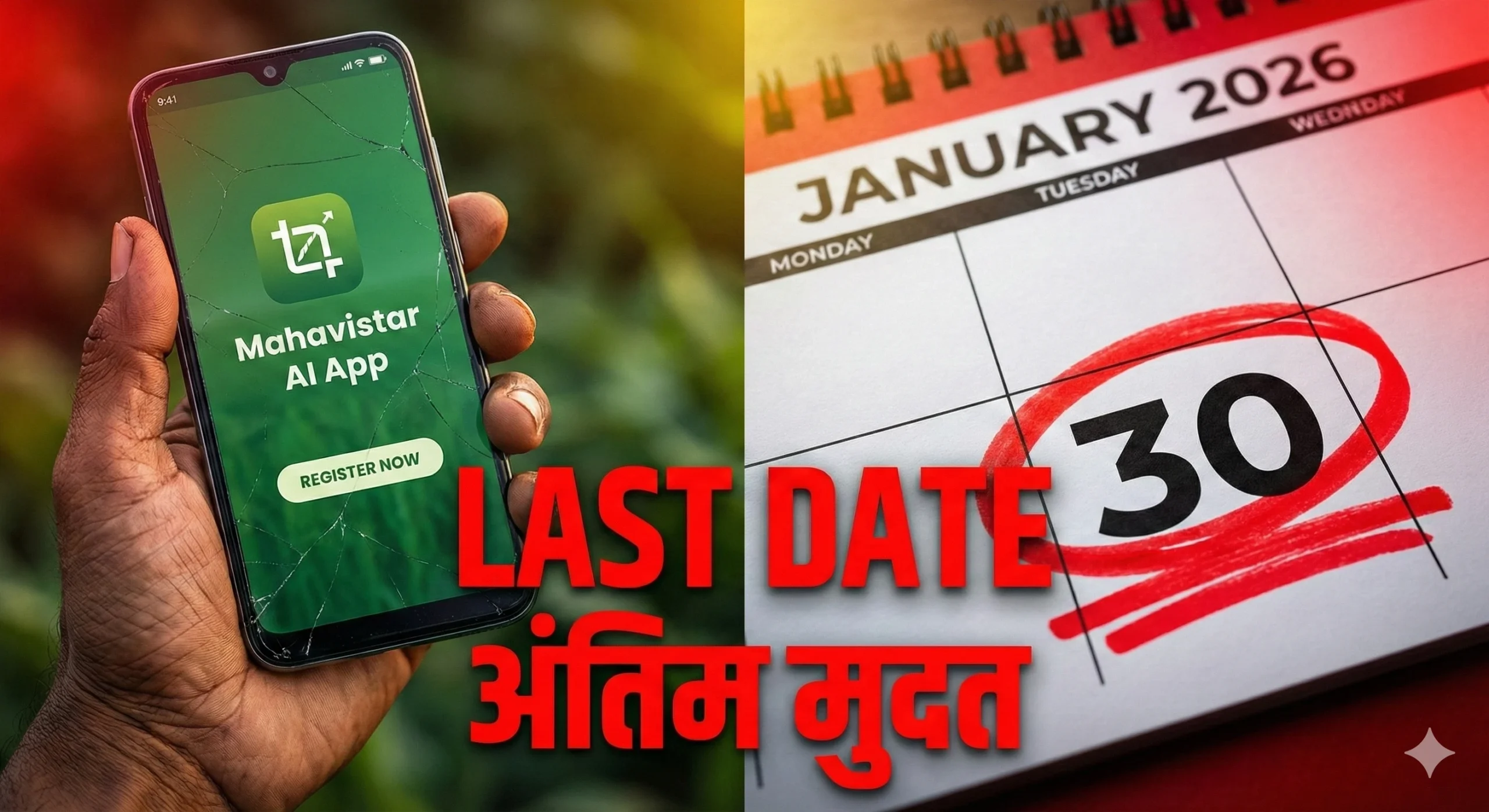 एका बाजूला महाविस्तार ॲप वापरणारा शेतकरी आणि दुसऱ्या बाजूला ३० जानेवारी २०२६ ही हायलाईट केलेली शेवटची तारीख.