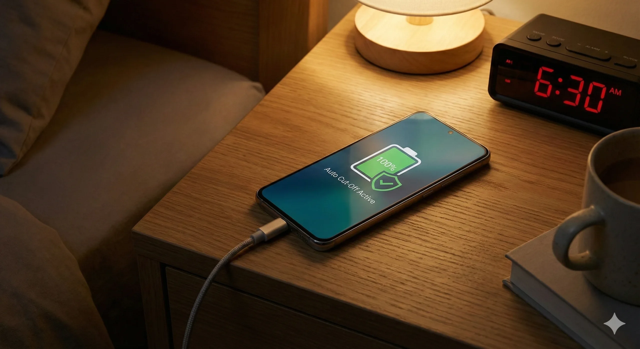 रात्रीच्या वेळी बेडसाईड टेबलवर चार्जिंगला लावलेला स्मार्टफोन, ज्याच्या स्क्रीनवर १००% चार्ज आणि ऑटो कट-ऑफ सुरक्षिततेचा आयकॉन दिसत आहे.