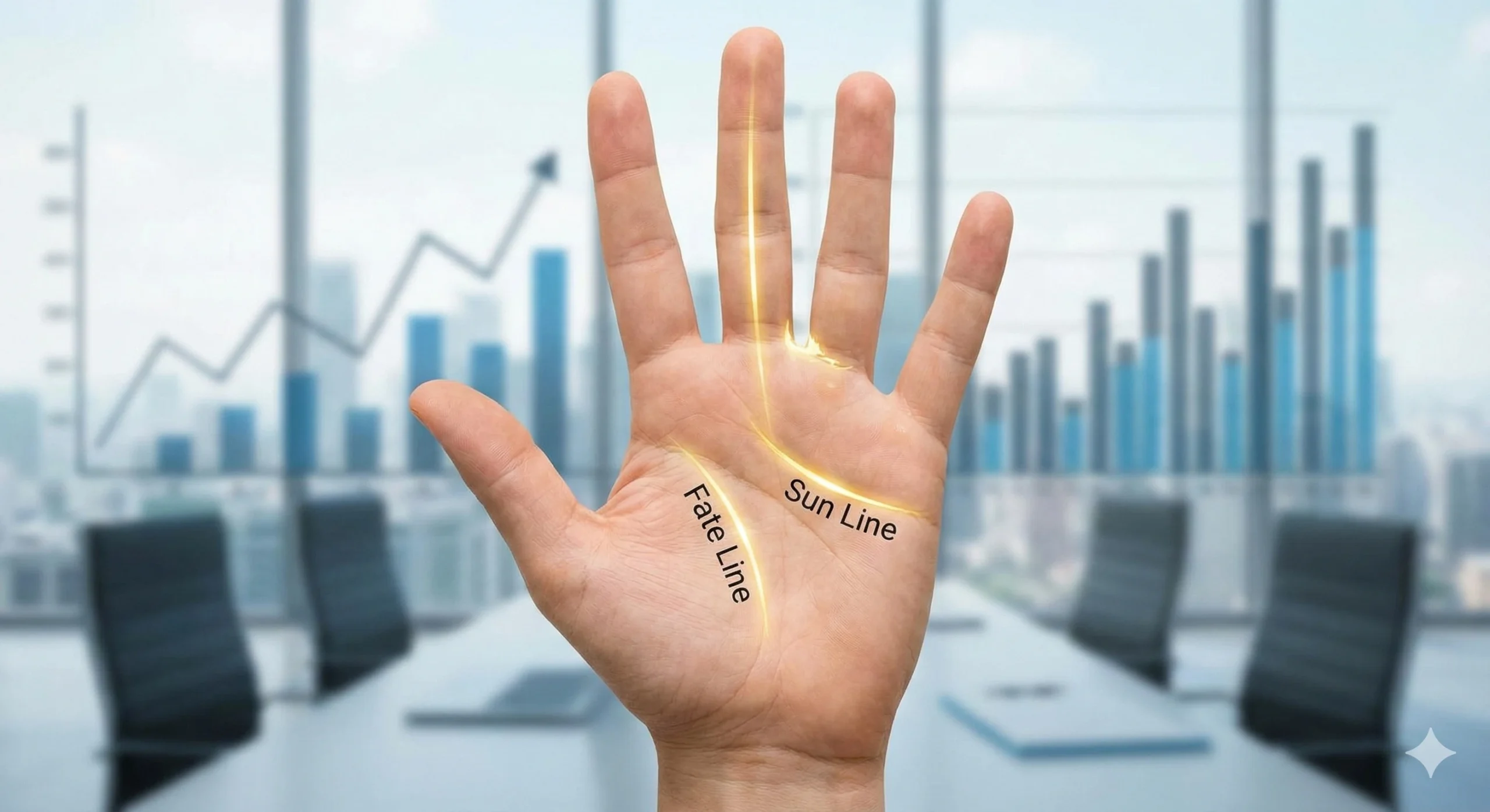 Close-up of a human palm with glowing gold Fate and Sun lines indicating career success and government job opportunities.