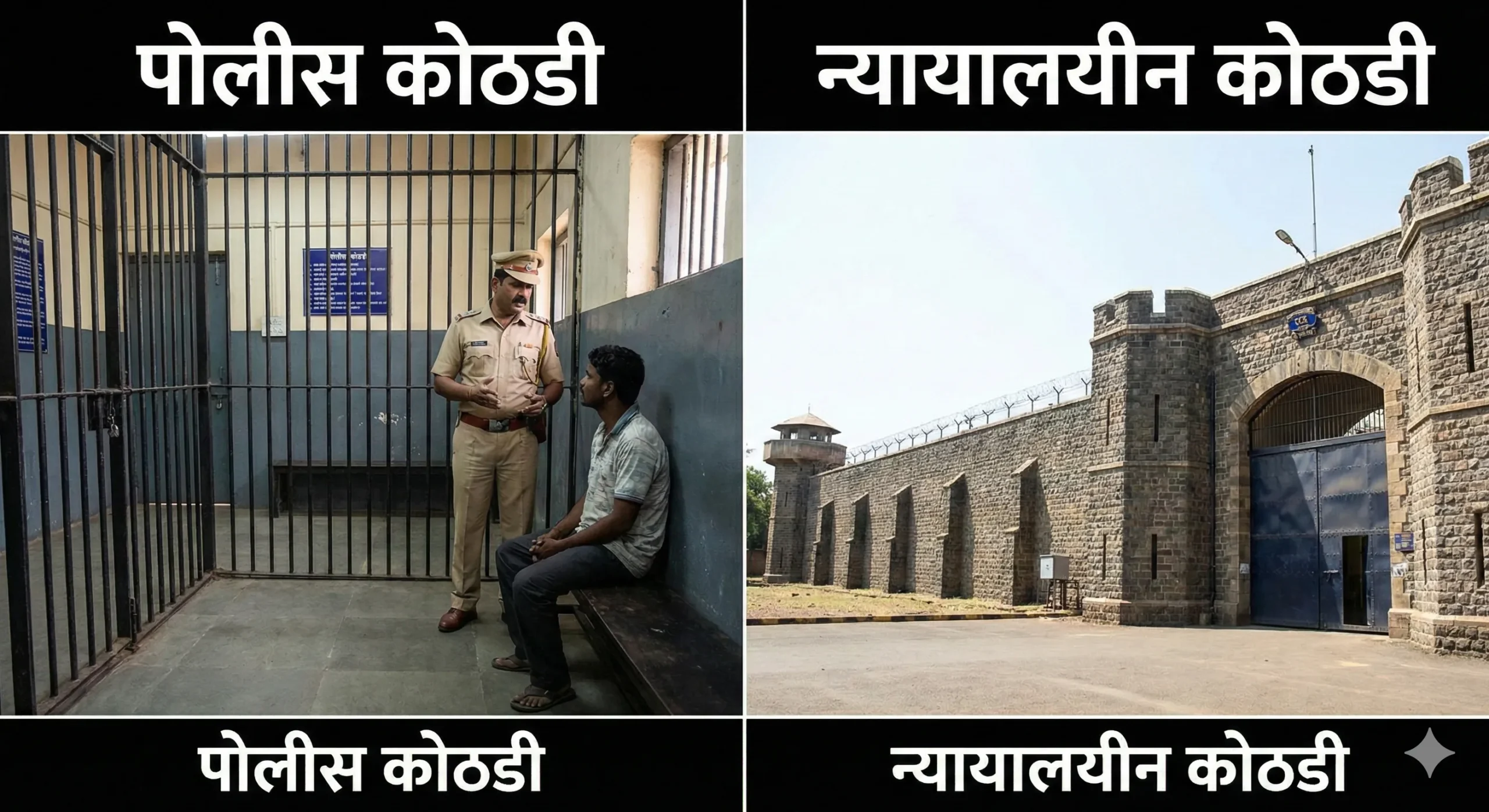 डावीकडे पोलीस ठाण्यातील लॉक-अप (पोलीस कोठडी) आणि उजवीकडे मध्यवर्ती कारागृह (न्यायालयीन कोठडी) दर्शवणारी प्रतिमा.