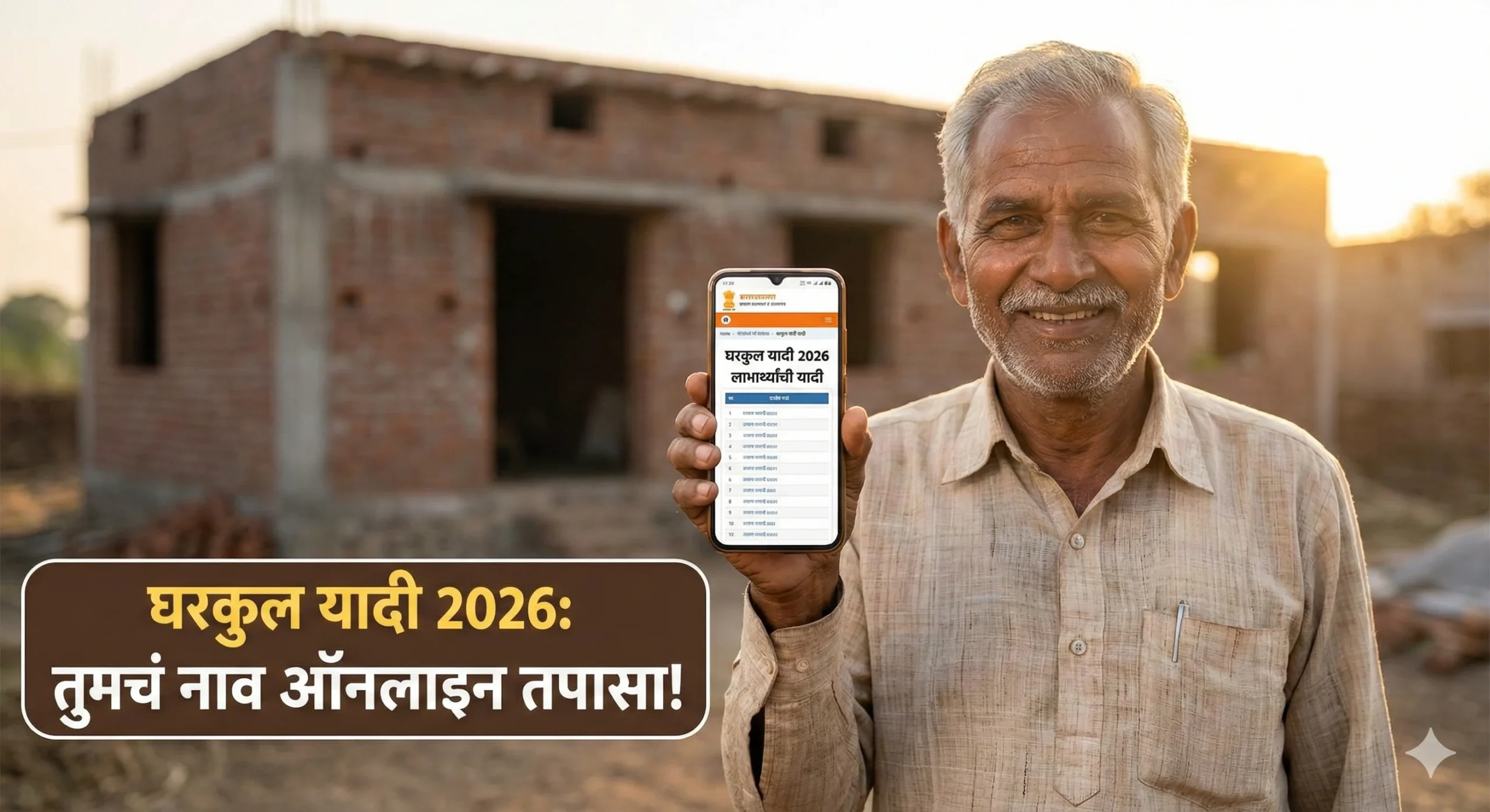 एक आनंदी ग्रामीण नागरिक आपल्या मोबाईलवर प्रधानमंत्री आवास योजनेची घरकुल यादी 2026 (Gharkul Yadi Online) दाखवत आहे, मागे बांधकाम सुरू असलेले घर.