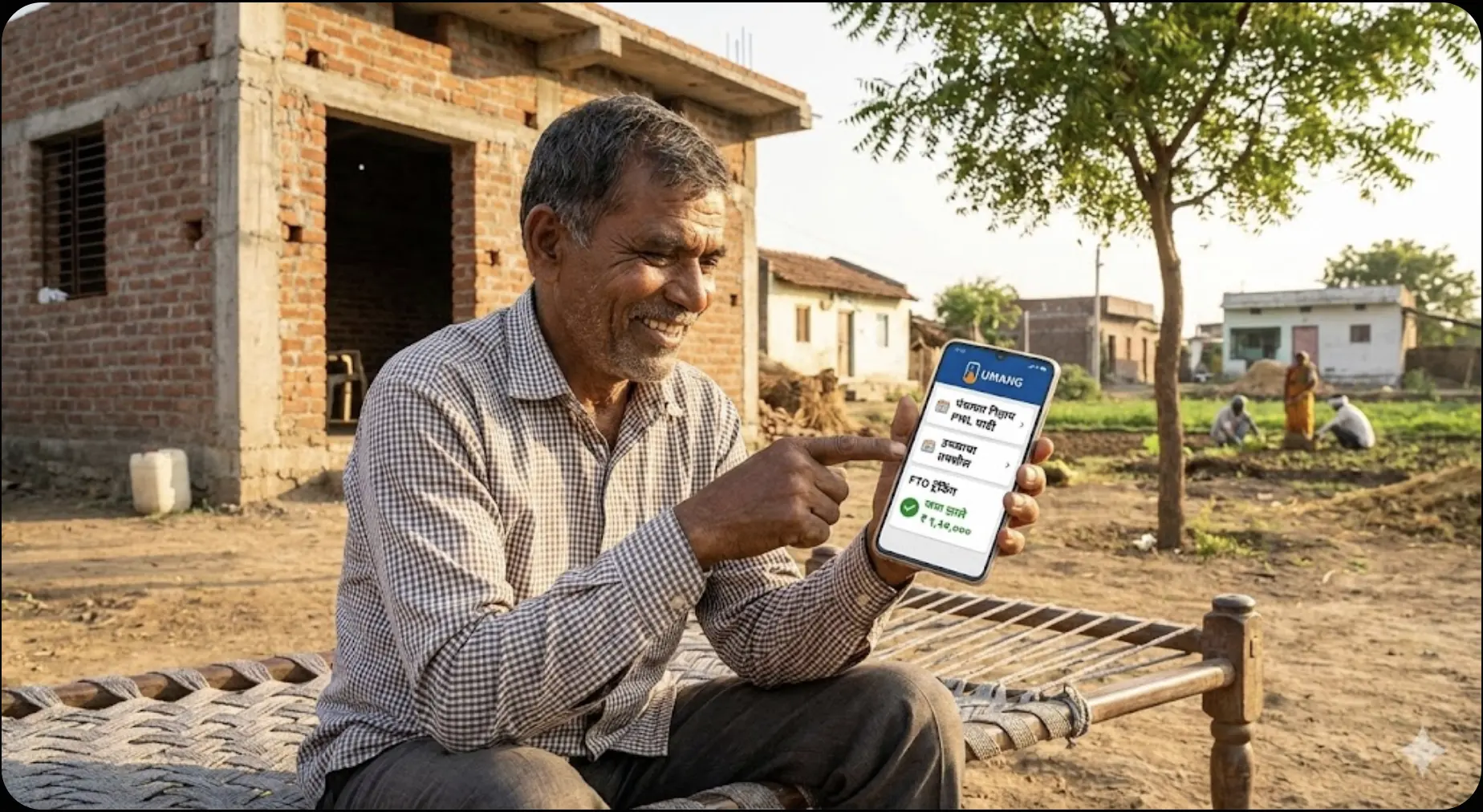 एक आनंदी ग्रामीण शेतकरी खटावर बसून आपल्या मोबाईलवर UMANG ॲपद्वारे घरकुल योजनेचे 'FTO ट्रॅकिंग' आणि 'PWL यादी' (Gharkul Yadi) चेक करत आहे, मागे विटांचे बांधकाम सुरू असलेले घर दिसत आहे.