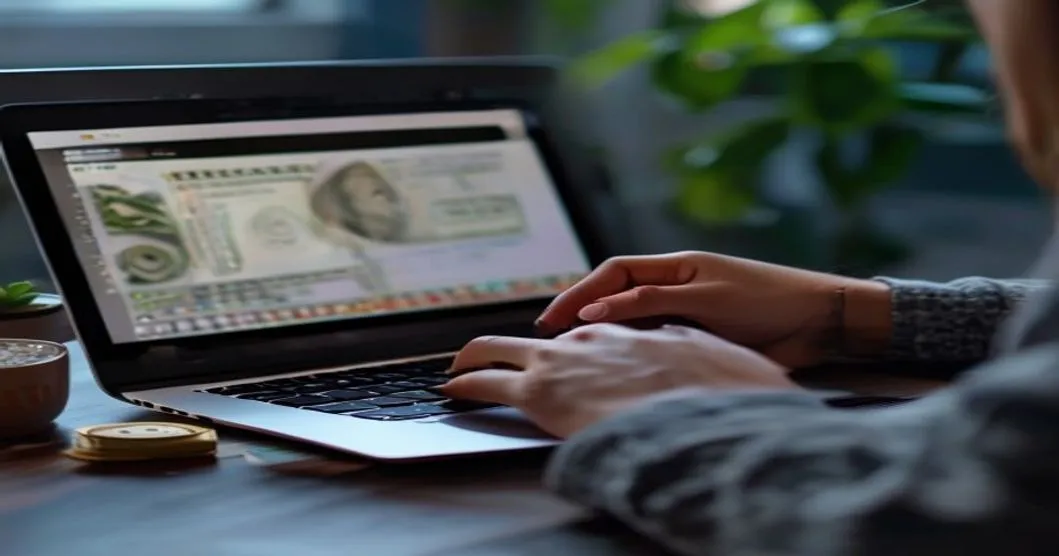 लॅपटॉप स्क्रीनवर पैसे मोजत असलेल्या व्यक्तीची प्रतिमा